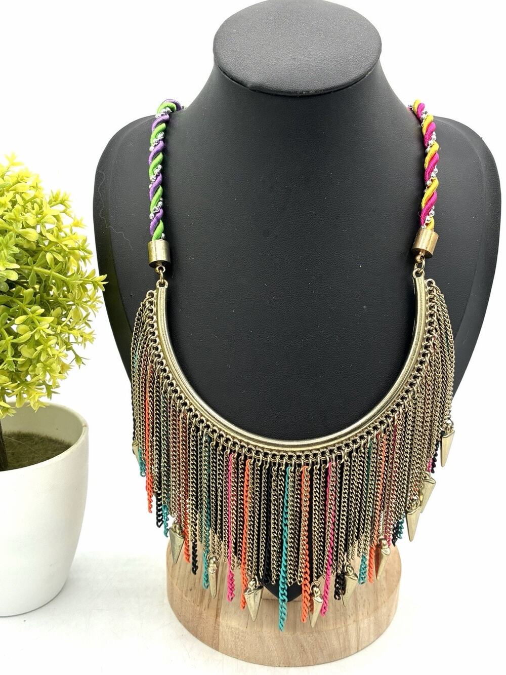 Princess Vera Wang NOS Chain Fringe Statement Necklace Multicolor Spike Bib